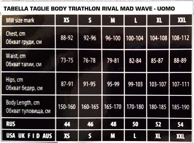 tabella taglie body triathlon mad wave RIVAL
